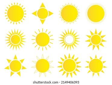 Sun icon set. Weather sun icon. Yellow sun star. Summer elements for design. Vector illustration