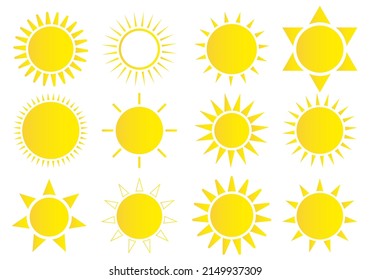 Sun icon set. Weather sun icon. Yellow sun star. Summer elements for design. Vector illustration