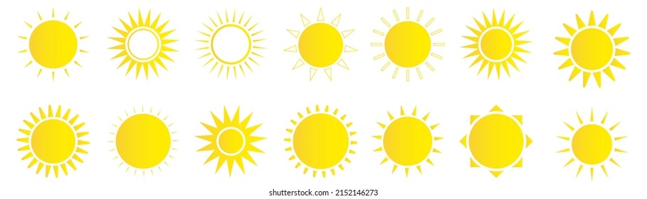 Sun icon set. Weather sun icon. Yellow sun star. Summer elements for design. Vector illustration
