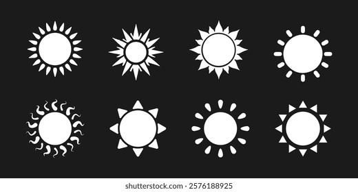 Sun icon set. White silhouette sun icon on black background. The sun is shining. Sunset icon collection. White silhouette sun star icon. Vector illustration.