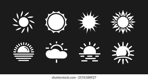 Sun icon set. White silhouette sun icon on black background. The sun is shining. Sunset icon collection. White silhouette sun star icon. Vector illustration.