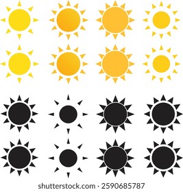 sun icon, set, yellow and black, vector Illustration, on a white background