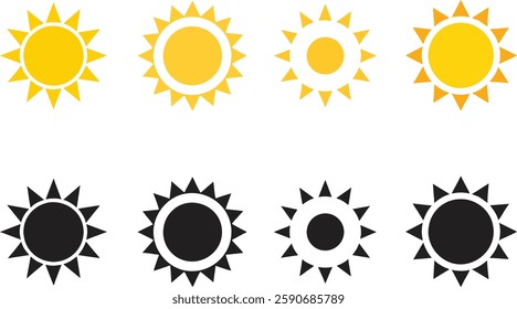 sun icon, set, yellow and black, vector Illustration, on a white background