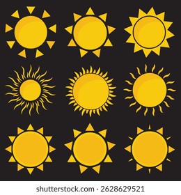 Sun icon set. Yellow and black Color. Vector Illustration. Shine sun ray set. Sunset icon collection. 