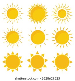 Conjunto de ícones da Sun. Cor amarela e preta. Ilustração de vetor. Brilho conjunto de raios solares. Coleção de ícones de pôr do sol. 