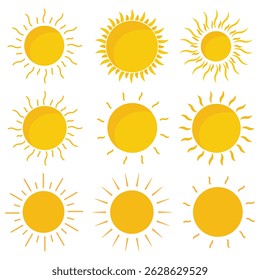 Sun icon set. Yellow and black Color. Vector Illustration. Shine sun ray set. Sunset icon collection. 
