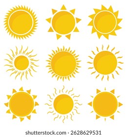 Sun icon set. Yellow and black Color. Vector Illustration. Shine sun ray set. Sunset icon collection. 