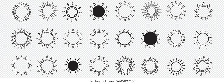 Sun icon set. Yellow and Black color sun icons. Sunrise and Sunset icon collection. Yellow, Orange and Black sun star icons. Vector illustration. Eps 10