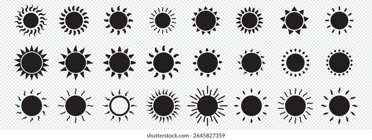 Sun icon set. Yellow and Black color sun icons. Sunrise and Sunset icon collection. Yellow, Orange and Black sun star icons. Vector illustration. Eps 10