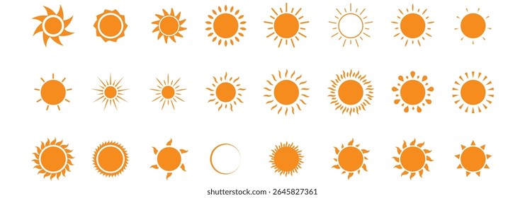 Sun icon set. Yellow and Black color sun icons. Sunrise and Sunset icon collection. Yellow, Orange and Black sun star icons. Vector illustration. Eps 10