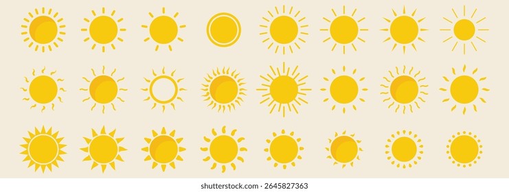Sun icon set. Yellow and Black color sun icons. Sunrise and Sunset icon collection. Yellow, Orange and Black sun star icons. Vector illustration. Eps 10