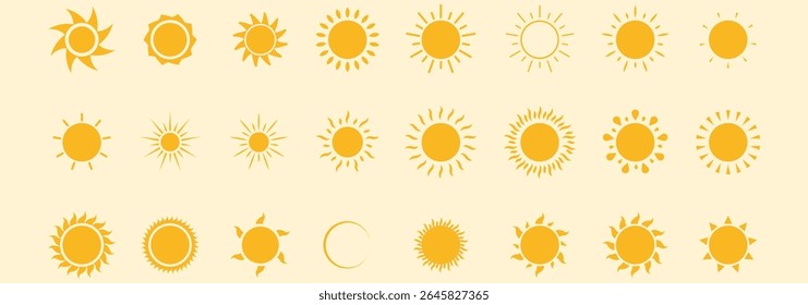 Sun icon set. Yellow and Black color sun icons. Sunrise and Sunset icon collection. Yellow, Orange and Black sun star icons. Vector illustration. Eps 10