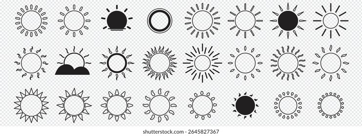 Sun icon set. Yellow and Black color sun icons. Sunrise and Sunset icon collection. Yellow, Orange and Black sun star icons. Vector illustration. Eps 10