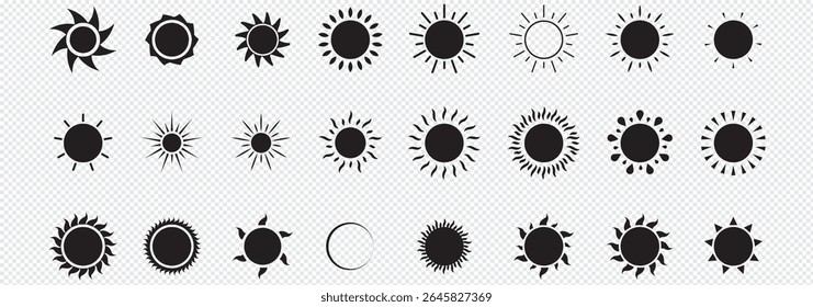 Sun icon set. Yellow and Black color sun icons. Sunrise and Sunset icon collection. Yellow, Orange and Black sun star icons. Vector illustration. Eps 10