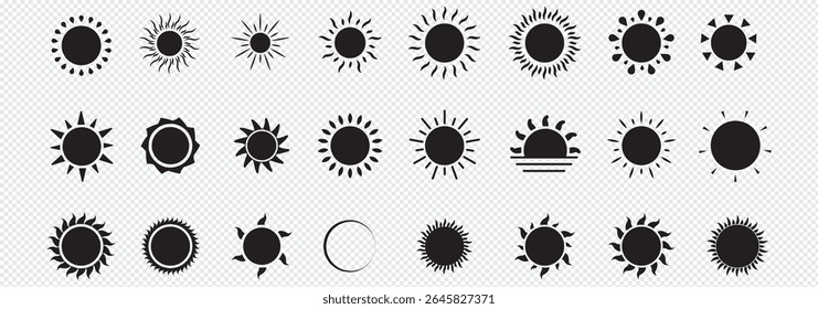 Sun icon set. Yellow and Black color sun icons. Sunrise and Sunset icon collection. Yellow, Orange and Black sun star icons. Vector illustration. Eps 10
