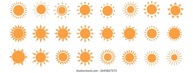 Sun icon set. Yellow and Black color sun icons. Sunrise and Sunset icon collection. Yellow, Orange and Black sun star icons. Vector illustration. Eps 10