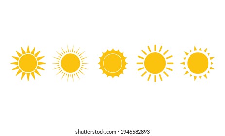 Sun icon set. Yellow sun collection. Summer, sunlight,. Vector illustration isolated on white background..