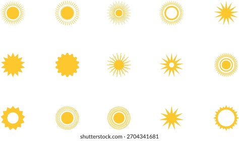 Sun icon set. Yellow sun collection. Sun rays. Hot summer weather symbol.