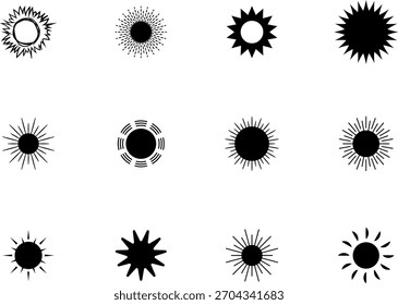 Sun icon set. Yellow sun collection. Sun rays. Hot summer weather symbol.