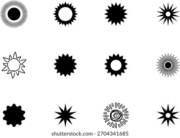 Sun-Symbolsatz. Gelbe Sonnenkollektion. Sonnenstrahlen Symbol für heißes Sommerwetter.