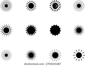 Sun icon set. Yellow sun collection. Sun rays. Hot summer weather symbol.