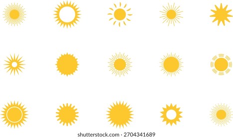 Sun icon set. Yellow sun collection. Sun rays. Hot summer weather symbol.