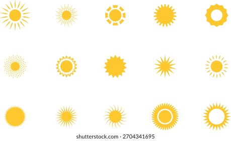 Sun icon set. Yellow sun collection. Sun rays. Hot summer weather symbol.