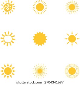 Sun icon set. Yellow sun collection. Sun rays. Hot summer weather symbol.