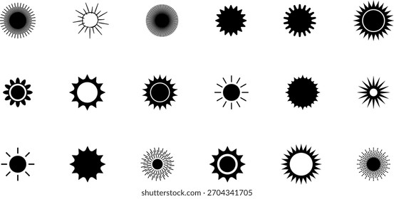 Sun icon set. Yellow sun collection. Sun rays. Hot summer weather symbol.