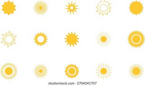 Sun icon set. Yellow sun collection. Sun rays. Hot summer weather symbol.