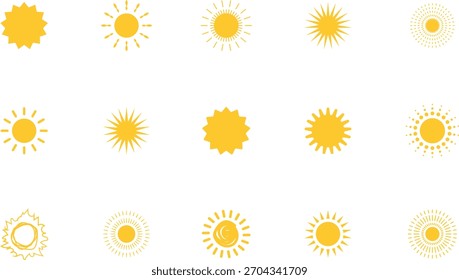 Sun icon set. Yellow sun collection. Sun rays. Hot summer weather symbol.