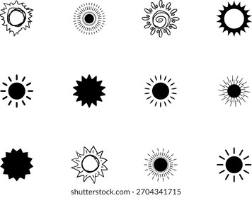 Sun icon set. Yellow sun collection. Sun rays. Hot summer weather symbol.