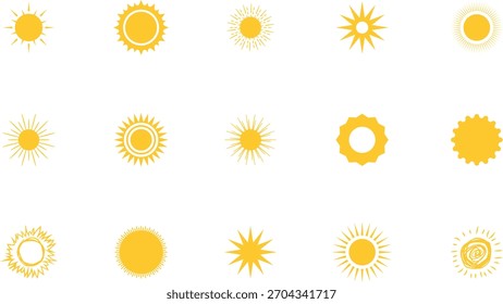 Sun icon set. Yellow sun collection. Sun rays. Hot summer weather symbol.