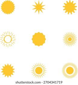 Conjunto de iconos de sol. Colección amarilla. Rayos de sol. Símbolo de Clima de verano caliente.