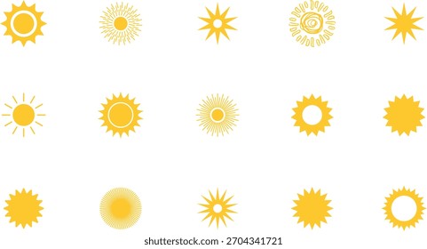 Sun icon set. Yellow sun collection. Sun rays. Hot summer weather symbol.