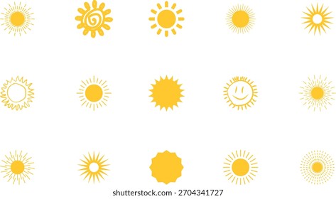 Sun icon set. Yellow sun collection. Sun rays. Hot summer weather symbol.