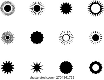 Sun icon set. Yellow sun collection. Sun rays. Hot summer weather symbol.