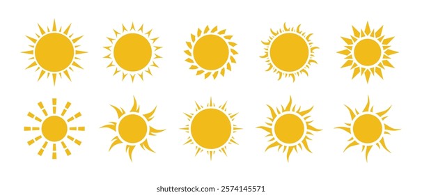 Sun icon set in yellow color on white background. Sun simple icons collection. Yellow sun icon set, sunshine and solar glow, sunrise or sunset. Vector illustration.