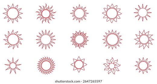 Sun icon set in yellow color on white background. Sun simple icons collection. Yellow sun icon set, sunshine and solar glow, sunrise or sunset. Vector illustration. Design EPS 10