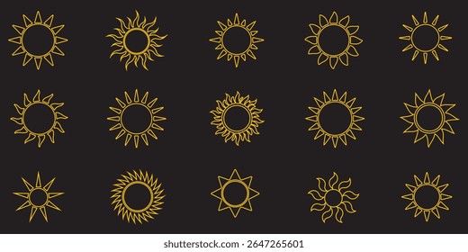 Ícone de sol definido na cor amarela no fundo branco. Coleção de ícones simples da Sun. Ícone amarelo do sol definido, sol e brilho solar, nascer ou pôr do sol. Ilustração vetorial. Design - EPS 10
