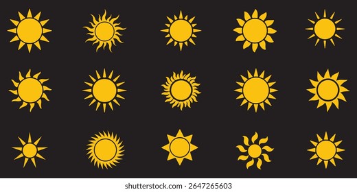 Sun icon set in yellow color on white background. Sun simple icons collection. Yellow sun icon set, sunshine and solar glow, sunrise or sunset. Vector illustration. Design EPS 10