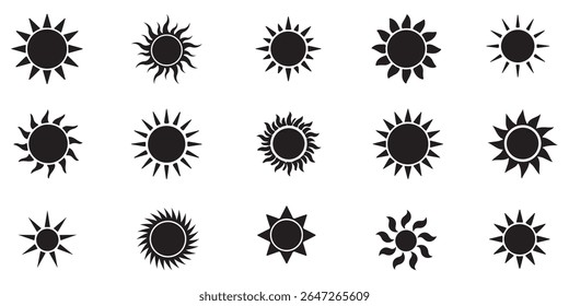 Sun icon set in yellow color on white background. Sun simple icons collection. Yellow sun icon set, sunshine and solar glow, sunrise or sunset. Vector illustration. Design EPS 10