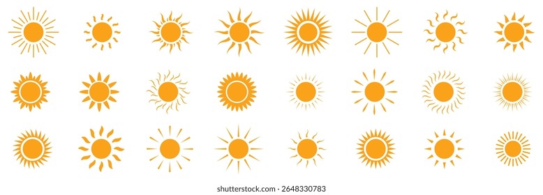 Sun icon set in yellow color on white background. Sun simple icons collection. Yellow sun icon set, sunshine and solar glow, sunrise or sunset. eps 10