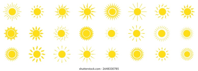 Sun icon set in yellow color on white background. Sun simple icons collection. Yellow sun icon set, sunshine and solar glow, sunrise or sunset. eps 10