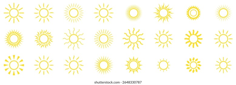 Sun icon set in yellow color on white background. Sun simple icons collection. Yellow sun icon set, sunshine and solar glow, sunrise or sunset. eps 10