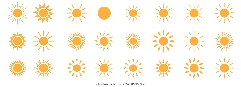 Sun icon set in yellow color on white background. Sun simple icons collection. Yellow sun icon set, sunshine and solar glow, sunrise or sunset. eps 10