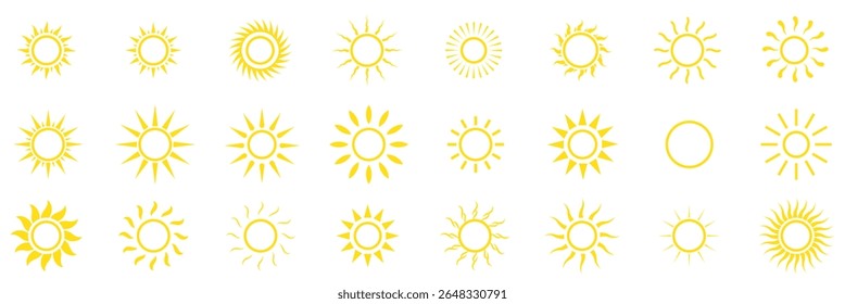 Sun icon set in yellow color on white background. Sun simple icons collection. Yellow sun icon set, sunshine and solar glow, sunrise or sunset. eps 10
