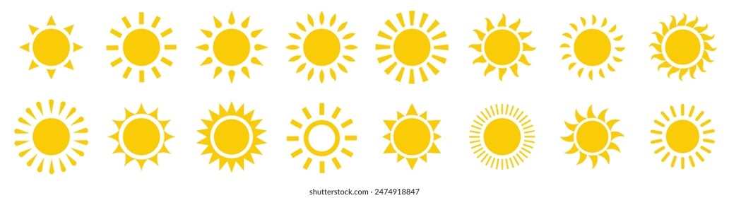 Sun icon set. Yellow sun icons. Shine sun ray set. Sunset icon collection. Yellow sun star icons. Hot solar energy for tan. Vector illustration