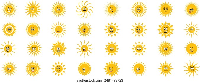 Conjunto de símbolos de Vector de iconos de Sun. Emoji sonriente del sol feliz. Icono de verano. Colección de iconos de estrellas de sol amarillo. Verano, luz del sol, naturaleza, cielo, sol naciente, puesta del sol. Ilustración vectorial