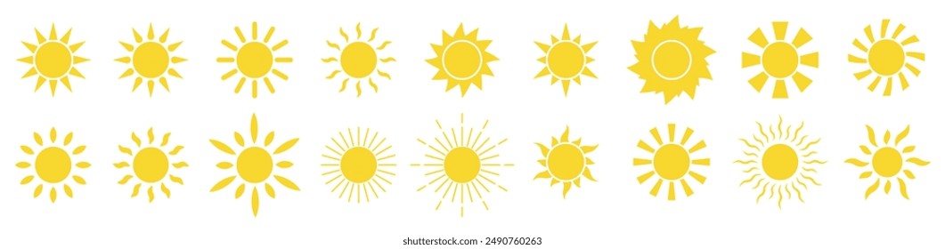 Sun icon set. Yellow sun icons. Sunburst set. Sunset icon collection. Vector illustration